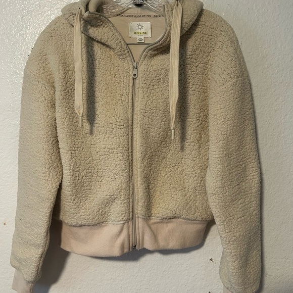 Offline by Aerie Sherpa Full Zip Hoodie Jacket Women's Size M Ivory Loungewear - Picture 2 of 11